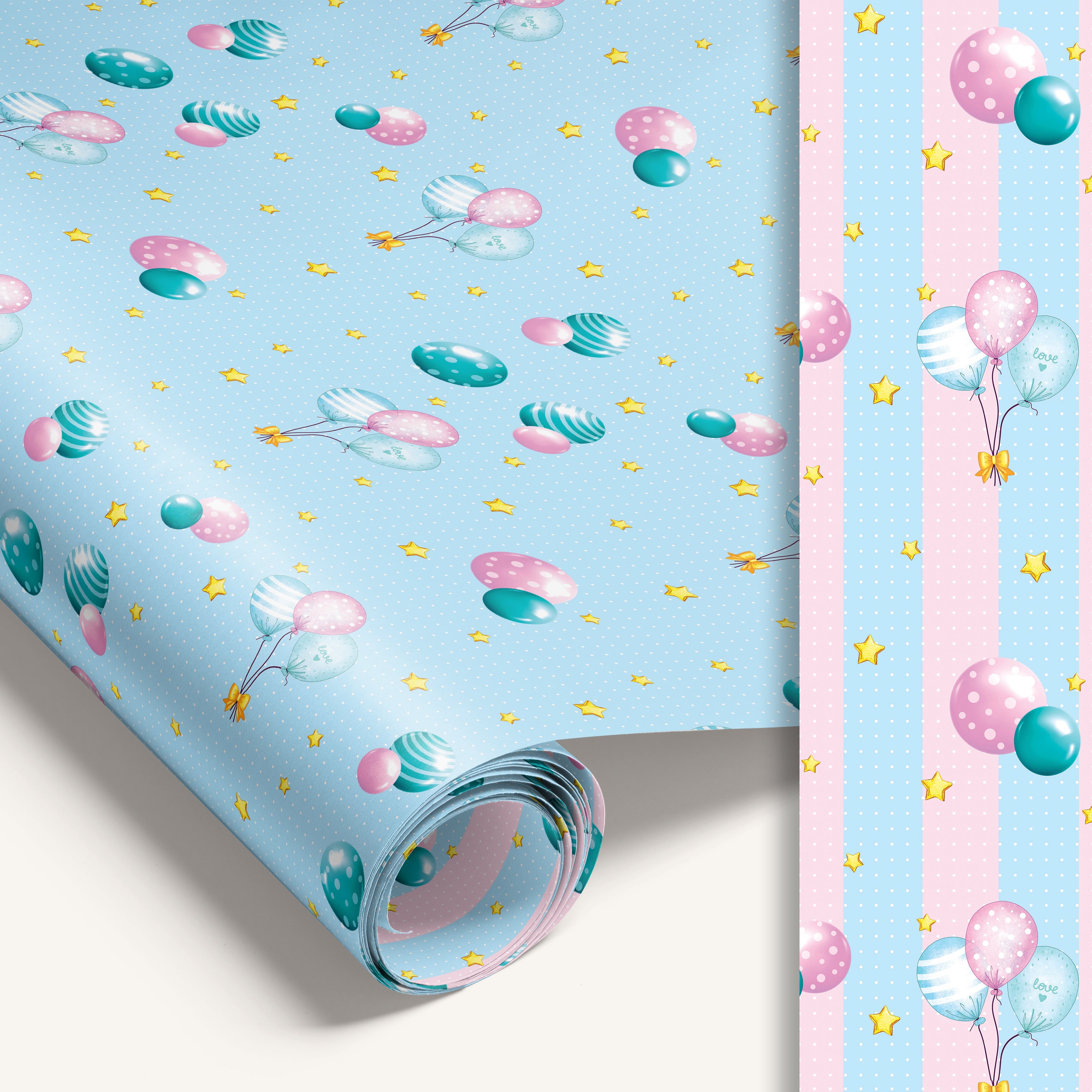 Blue balloon wrapping paper roll with striped reverse side.