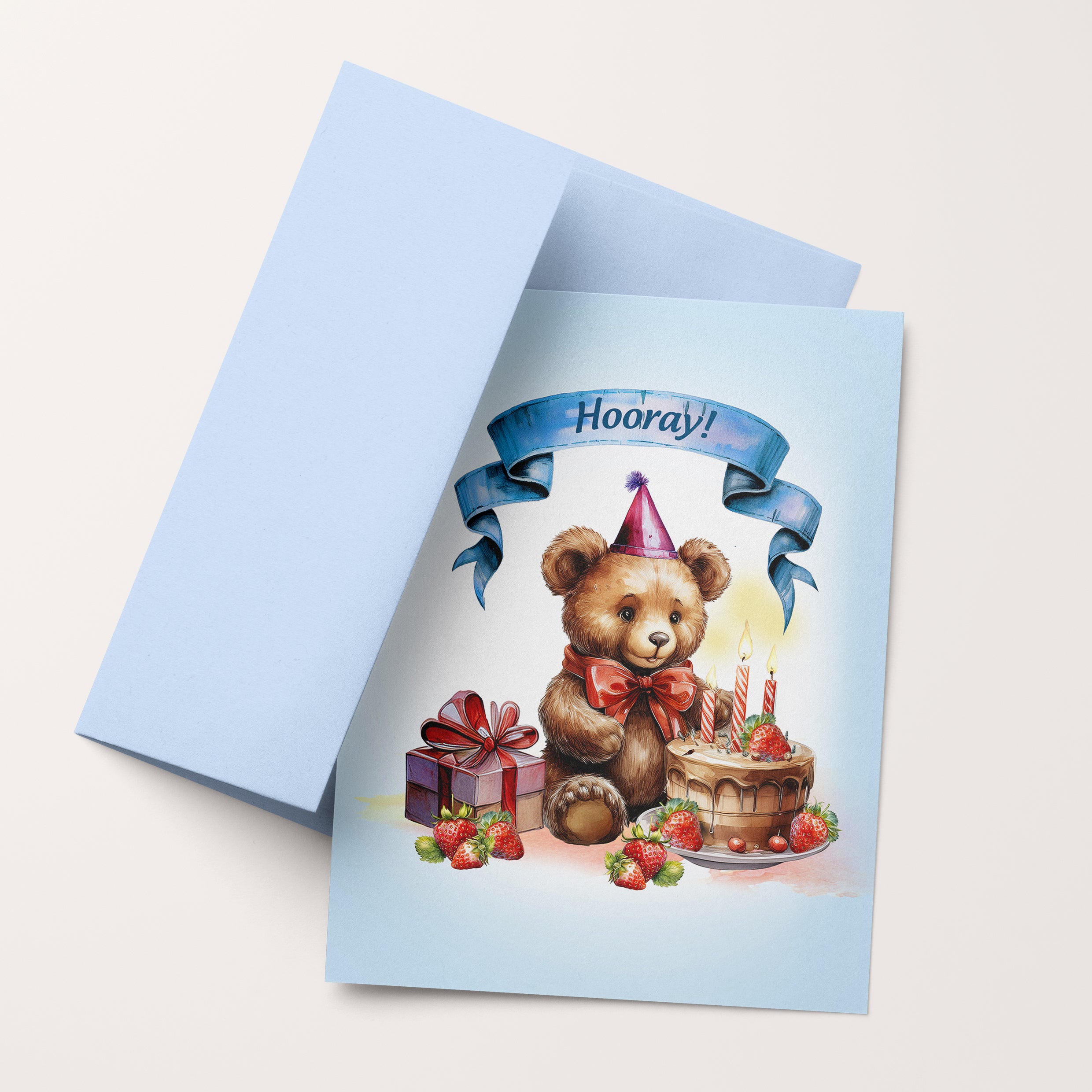 Birthday card with a teddy bear, cake, and presents on a light blue background