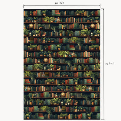 “Secret Library” double-sided wrapping paper sheets shown flat with measurements, featuring illustrated bookshelf design.