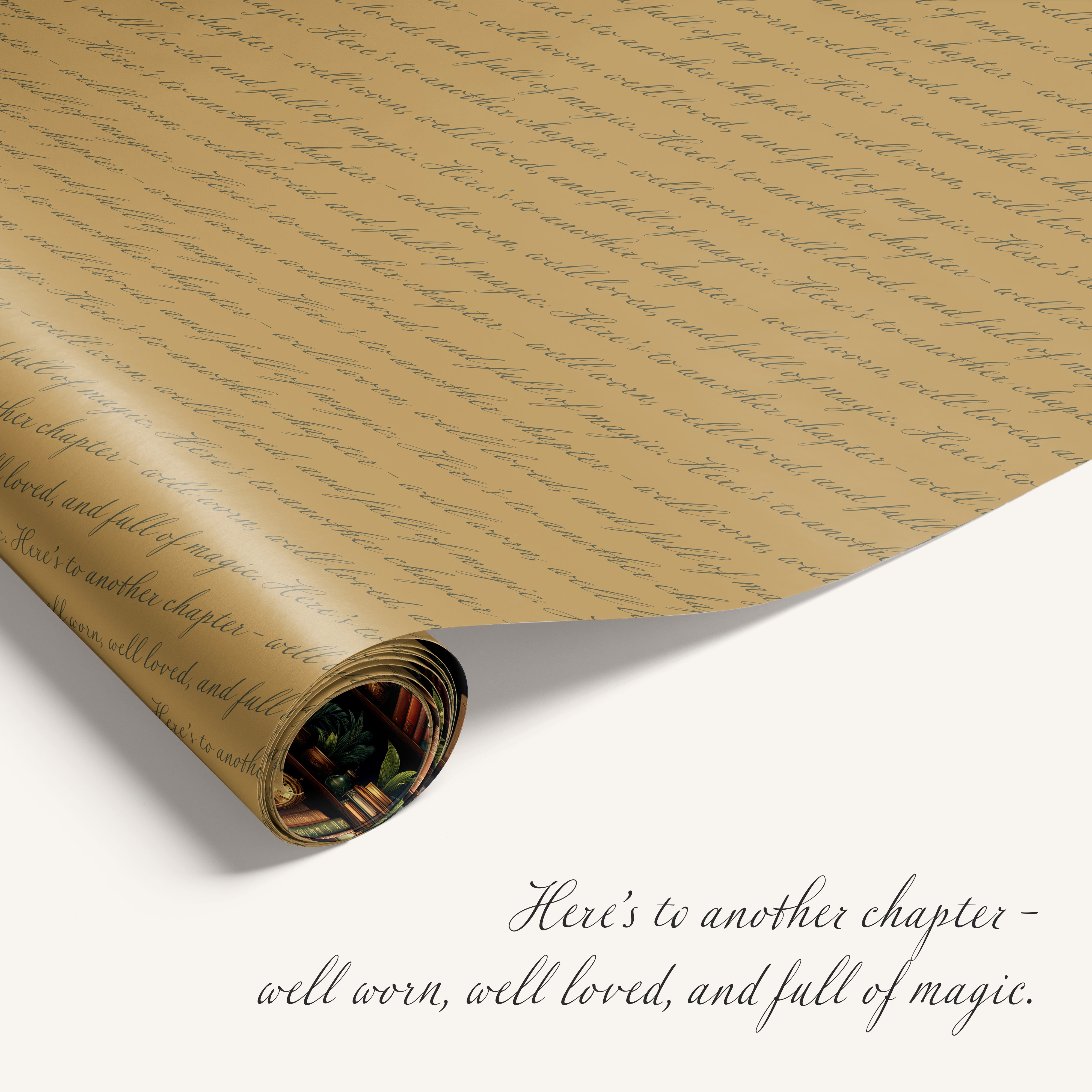 “Secret Library” double-sided wrapping paper featuring illustrated bookshelf design on one side and birthday text on reverse.