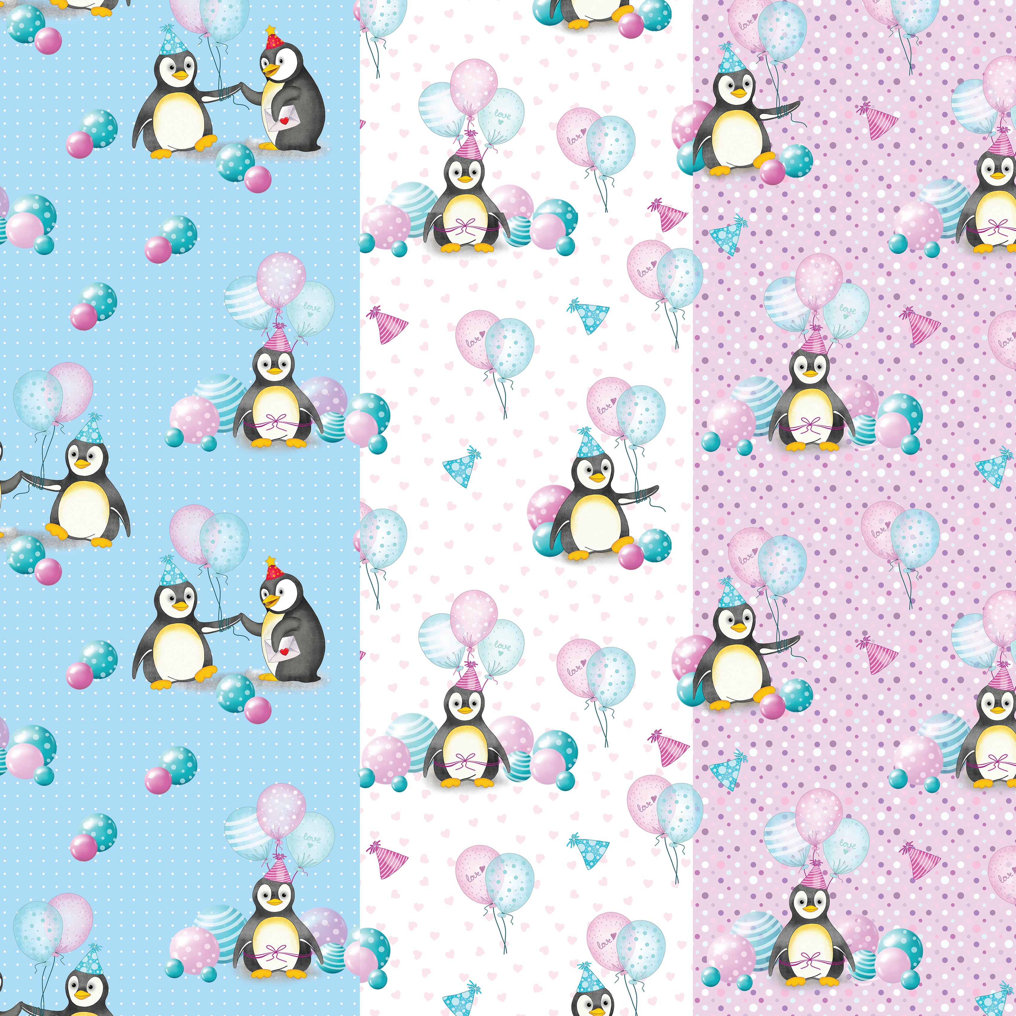 Image showing 3 designs of penguin wrapping paper - blue, white and pink.