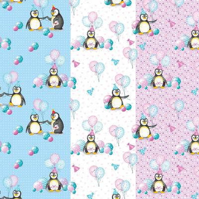 Image showing 3 designs of penguin wrapping paper - blue, white and pink.