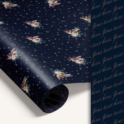 Hand-illustrated double-sided Angels Holiday wrapping paper with customizable reverse side for personalized message.