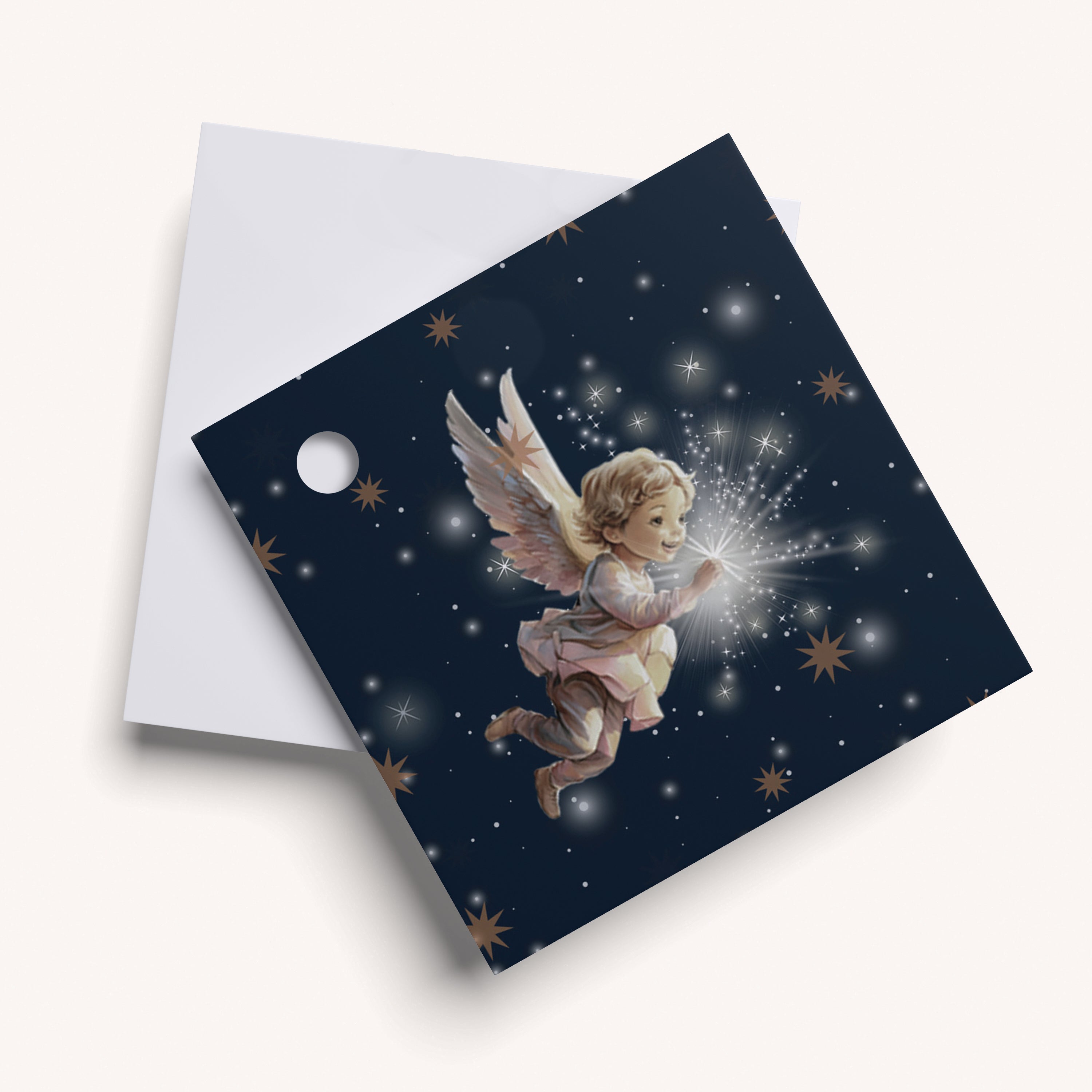 Name tag with an angel design on a dark blue background with stars.