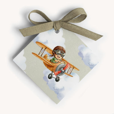 Name card with a vintage airplane and pilot illustration on a light green background