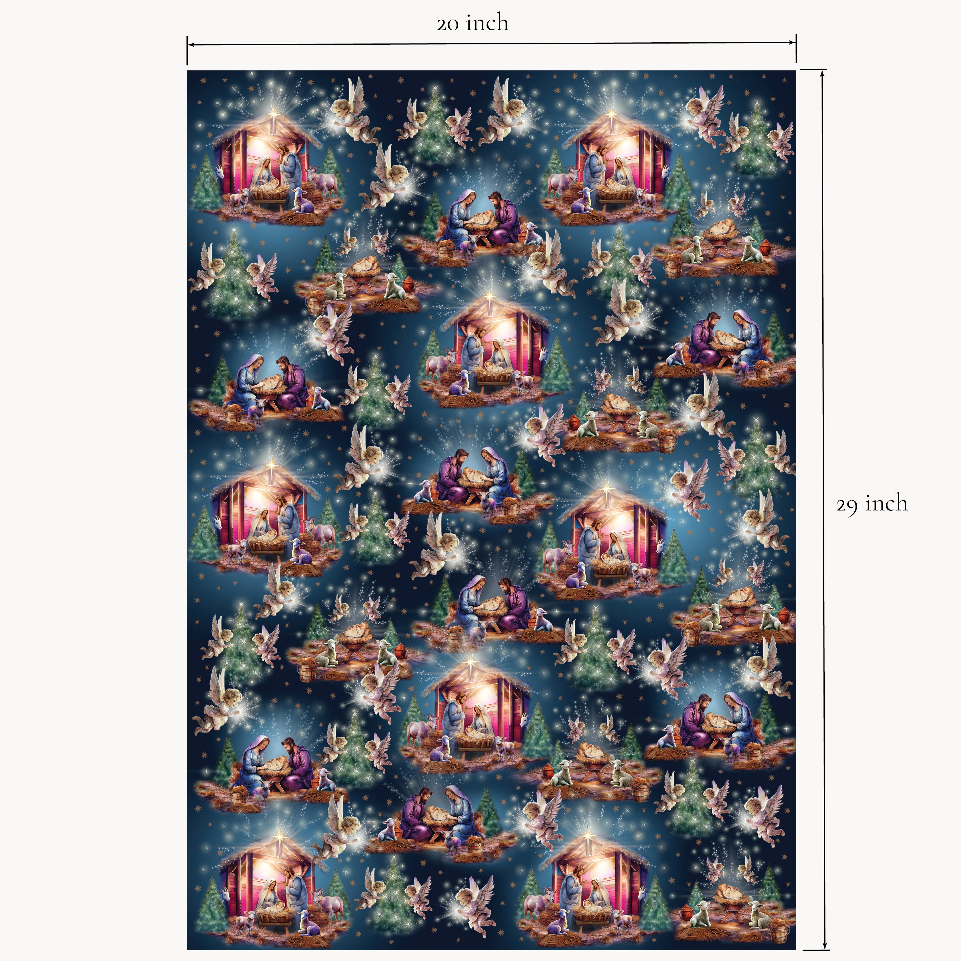 Nativity wrapping paper sheet shown flat with printed measurements, featuring hand-illustrated manger scene with Mary, Joseph, baby Jesus, angels, and lambs.