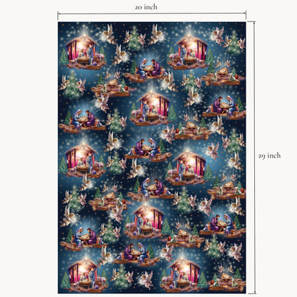 Nativity wrapping paper sheet shown flat with printed measurements, featuring hand-illustrated manger scene with Mary, Joseph, baby Jesus, angels, and lambs.