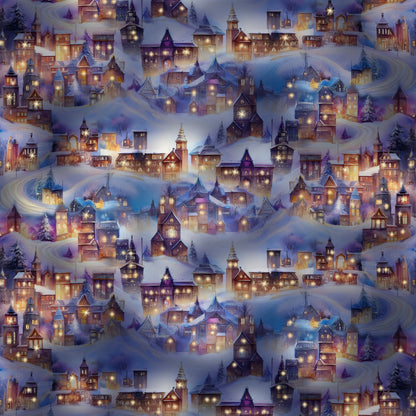 Holiday wrapping paper featuring a hand-illustrated winter village at twilight with glowing windows, snowy rooftops, and winding hills.