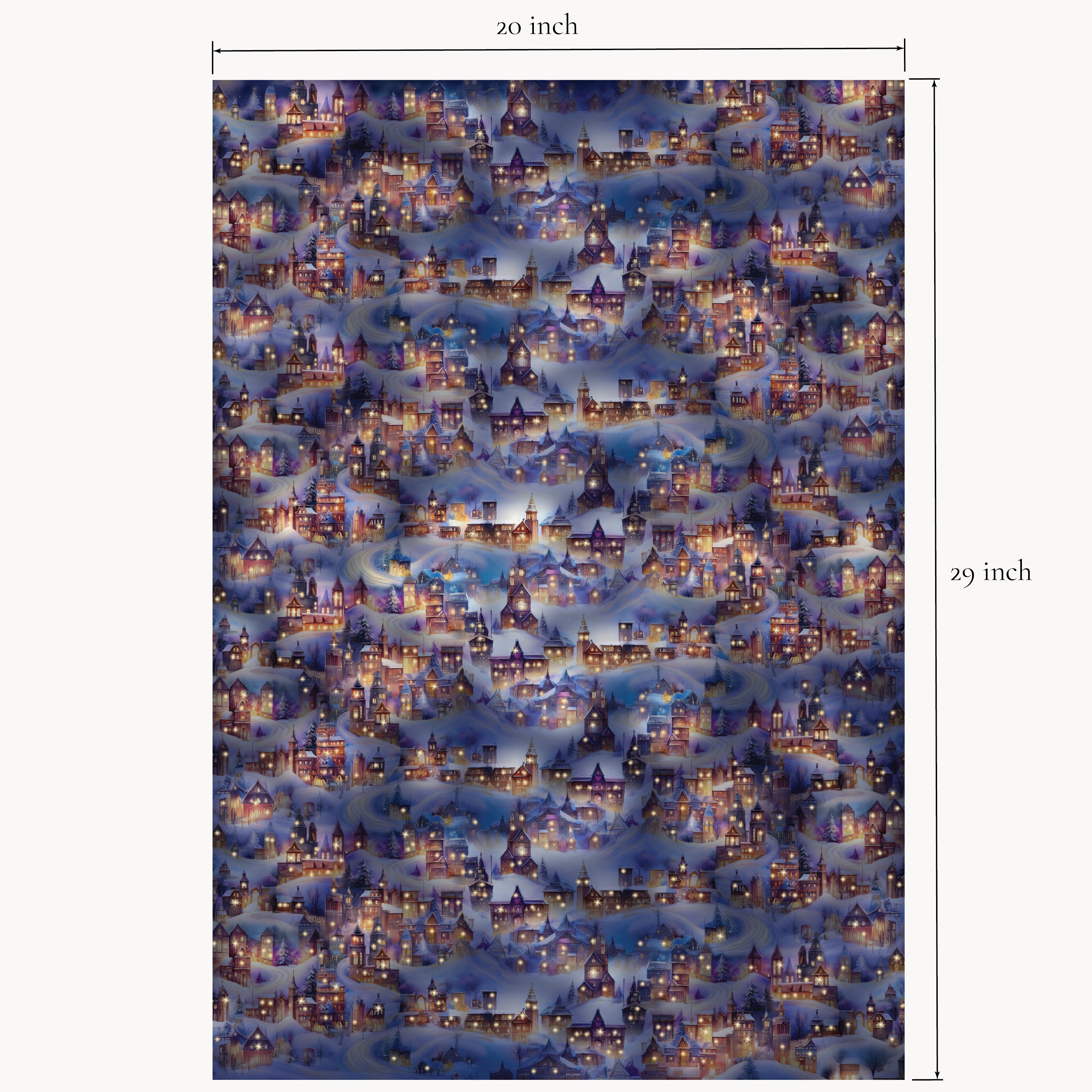 Patterned fabric with a cityscape design, shown with dimensions on a white background.