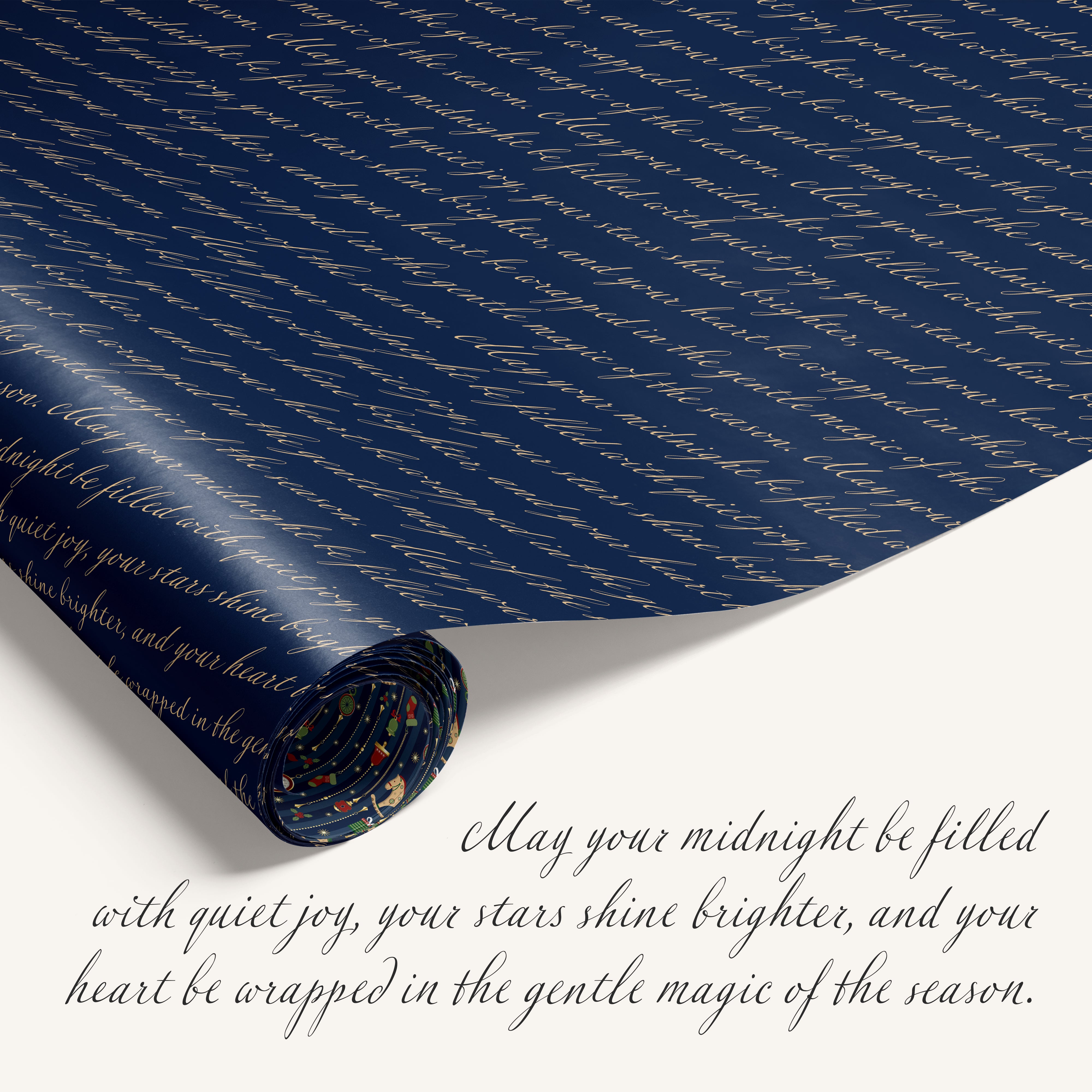 “Midnight Carousel” double-sided holiday wrapping paper featuring blue stripe design on one side and holiday text on the reverse.