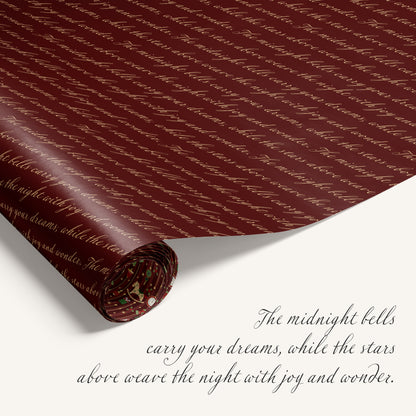 “Midnight Carousel” double-sided holiday wrapping paper featuring red stripe design on one side and holiday text on the reverse.