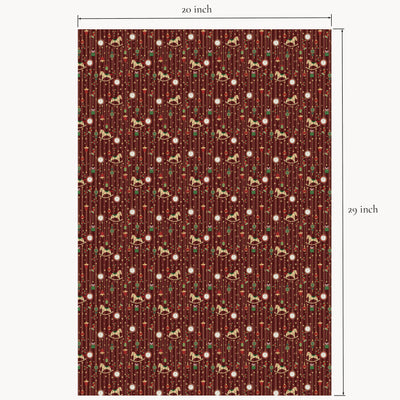 “Midnight Carousel” holiday wrapping paper sheet shown flat with printed measurements, featuring rocking horse and clock illustrations