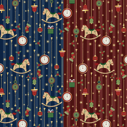 “Midnight Carousel” double-sided holiday wrapping paper featuring rocking horses, clocks, ornaments, and holly on midnight blue and red backgrounds.