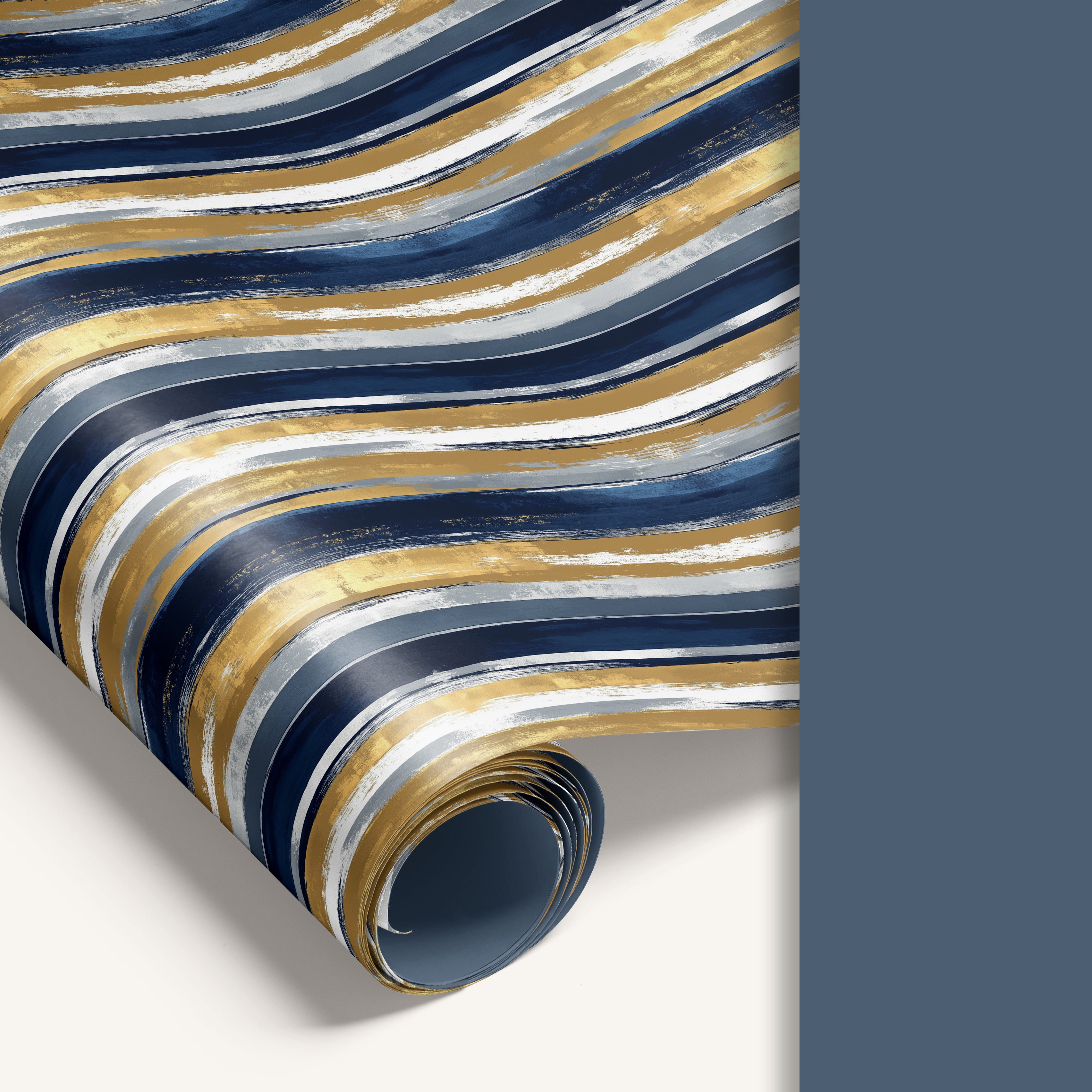 Double-sided wrapping paper featuring navy stripe design on one side and soft blue reverse.