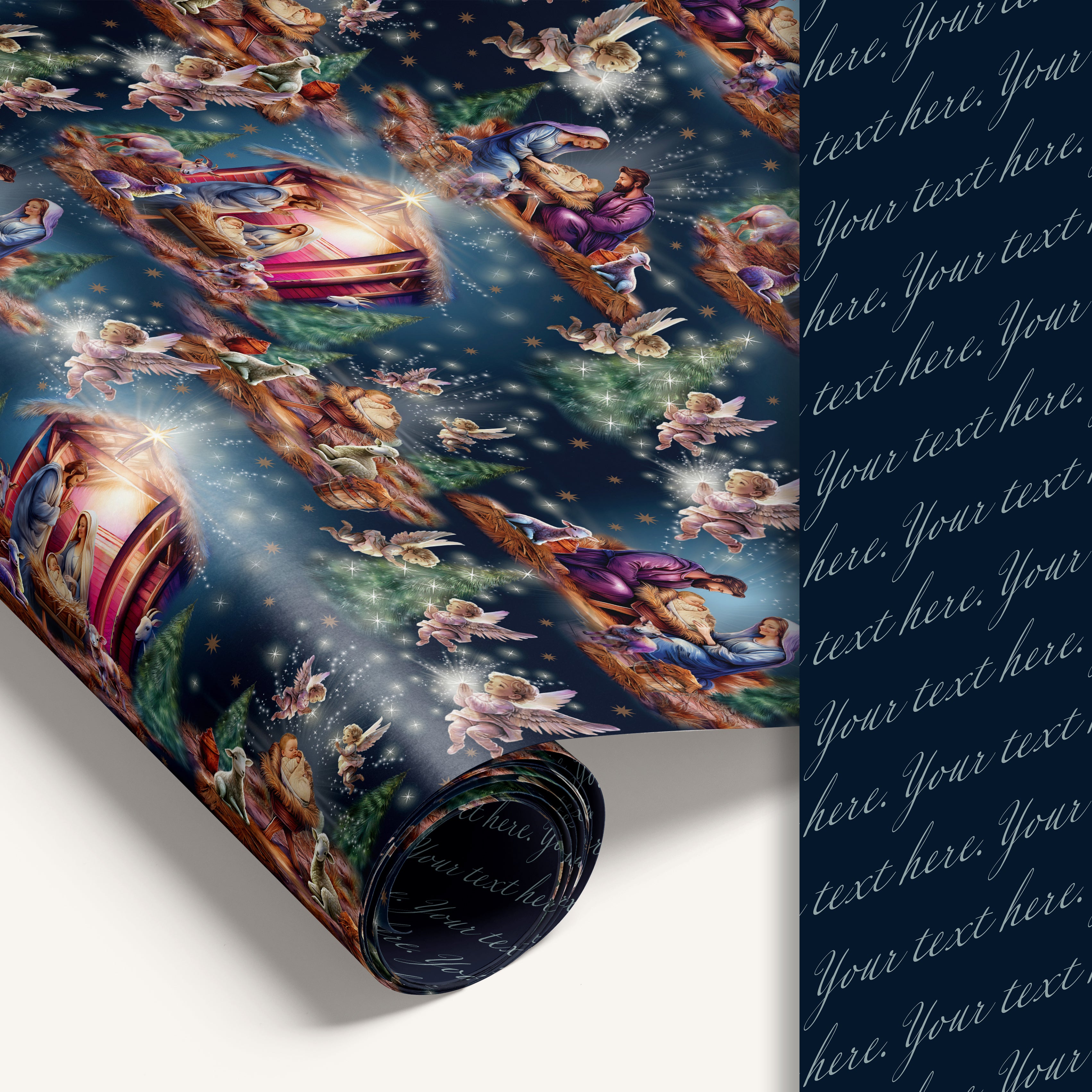 Hand-illustrated double-sided Nativity holiday wrapping paper with customizable reverse side for personalized text.