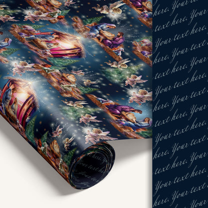 Hand-illustrated double-sided Nativity holiday wrapping paper with customizable reverse side for personalized text.