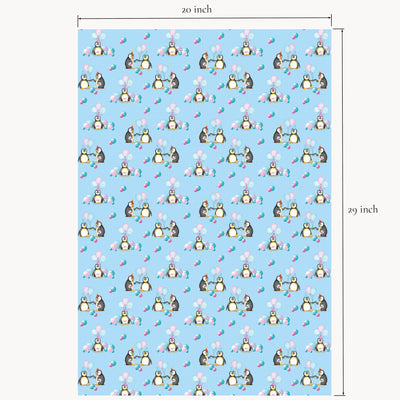 Penguin gift wrap flat sheet with shown measurements of 20x29 inch.