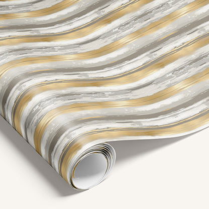 “Petite Luxe” single-sided wrapping paper featuring elegant minimalist design with gold, white and silver stripes