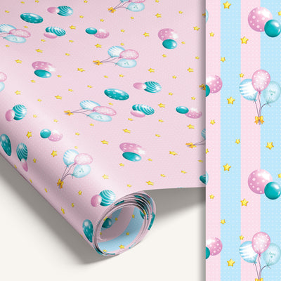 Pink Balloon wrapping paper roll with stripped reverse side