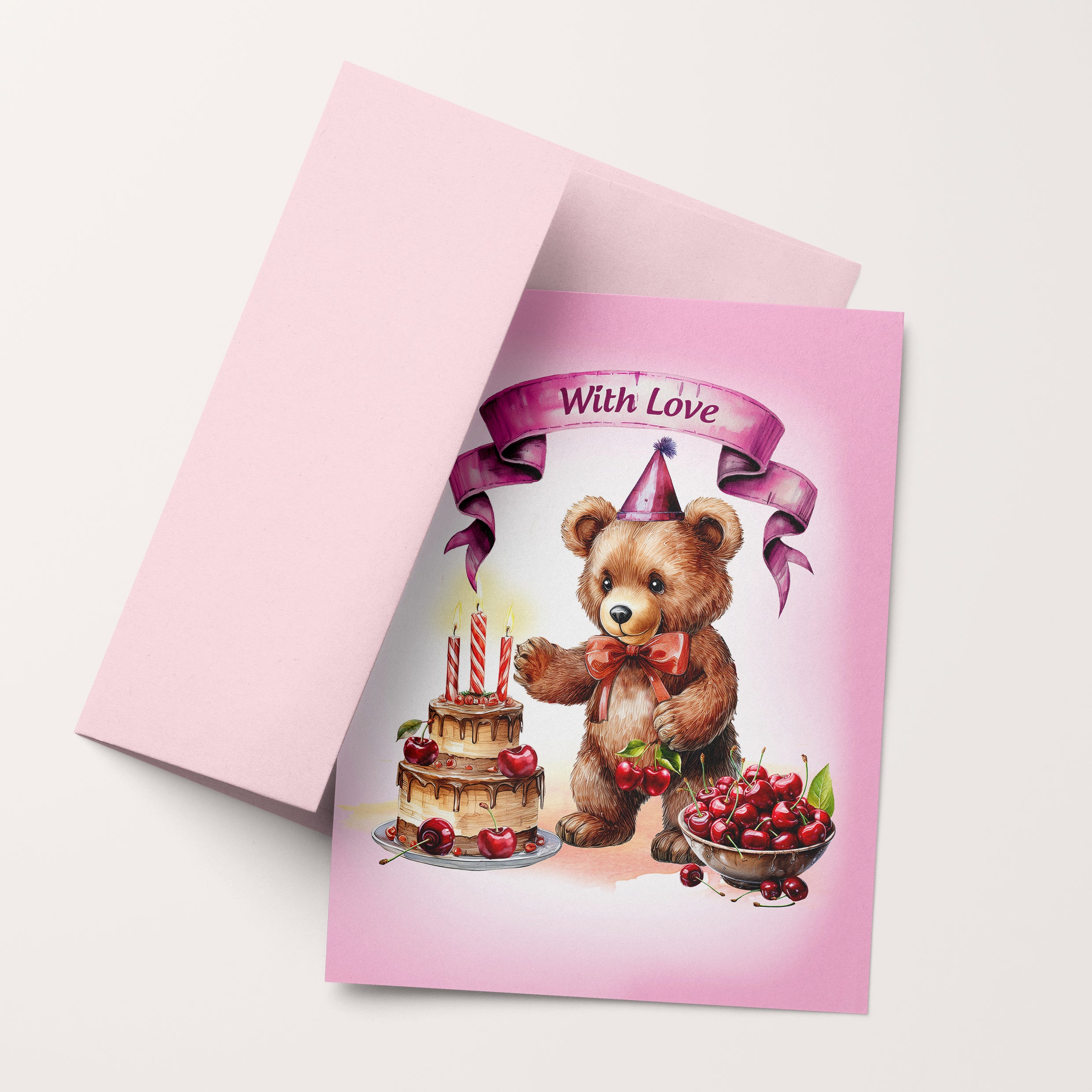 Greeting card with a teddy bear holding a birthday cake and candles, on a pink background.