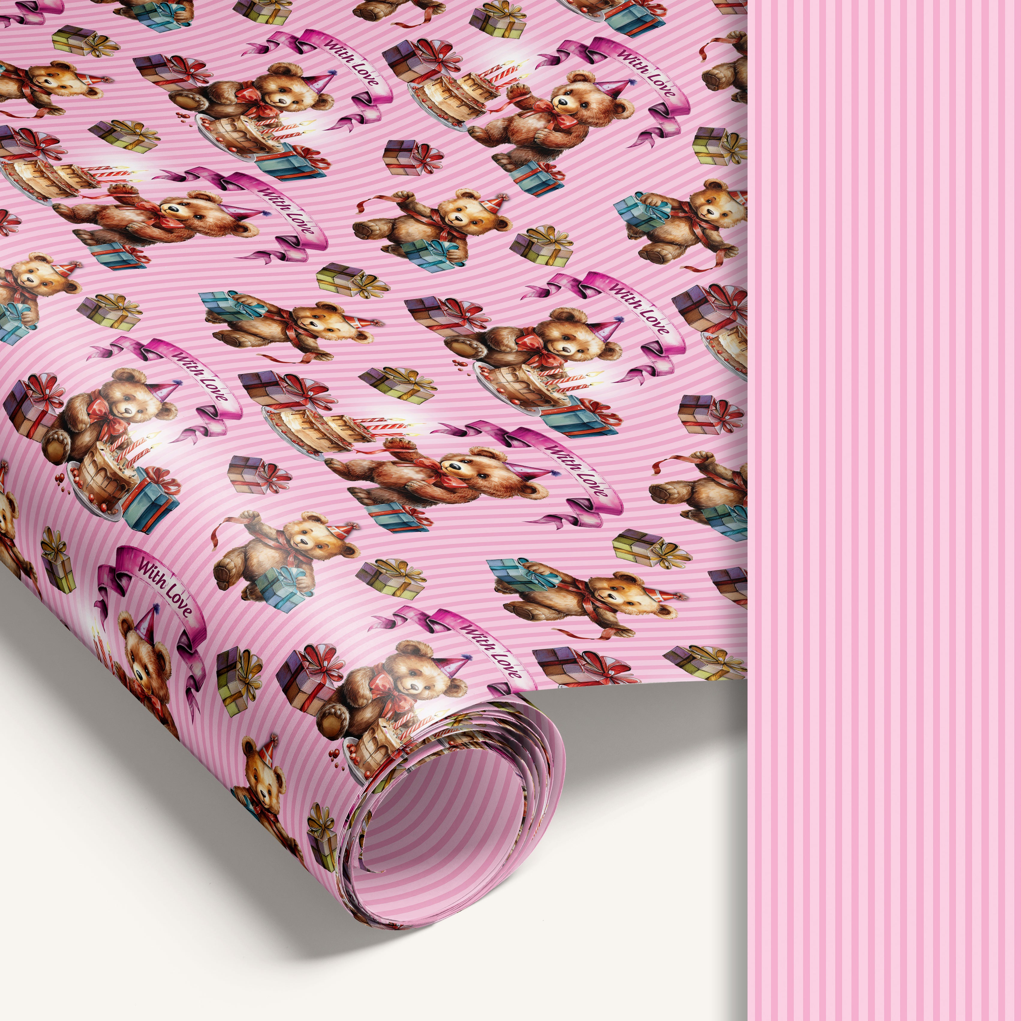 Vintage pink teddy bear gift wrap with pink stripped reverse side