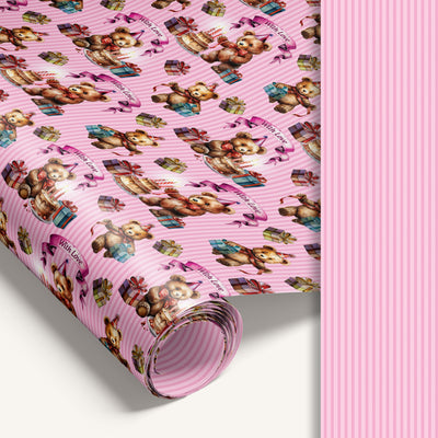 Vintage pink teddy bear gift wrap with pink stripped reverse side