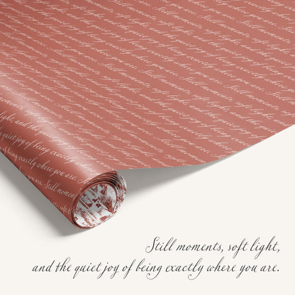 Winter Village double-sided wrapping paper featuring vintage snowy countryside illustration on one side and soft winter themes text on reverse.