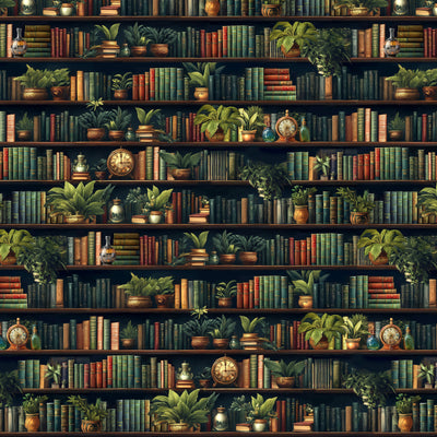 Close-up of “Secret Library” wrapping paper showing detailed illustrated bookshelf design with rich colors and fine print texture.