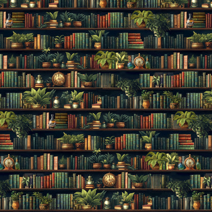 Close-up of “Secret Library” wrapping paper showing detailed illustrated bookshelf design with rich colors and fine print texture.