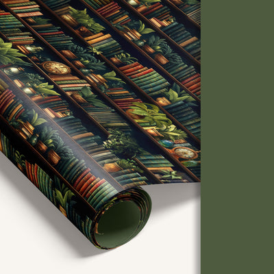 “Secret Library” double-sided wrapping paper featuring illustrated bookshelf design on one side and solid green reverse.