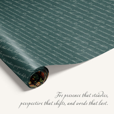 “Secret Library” double-sided wrapping paper featuring illustrated bookshelf design on one side and inspiring text on reverse.
