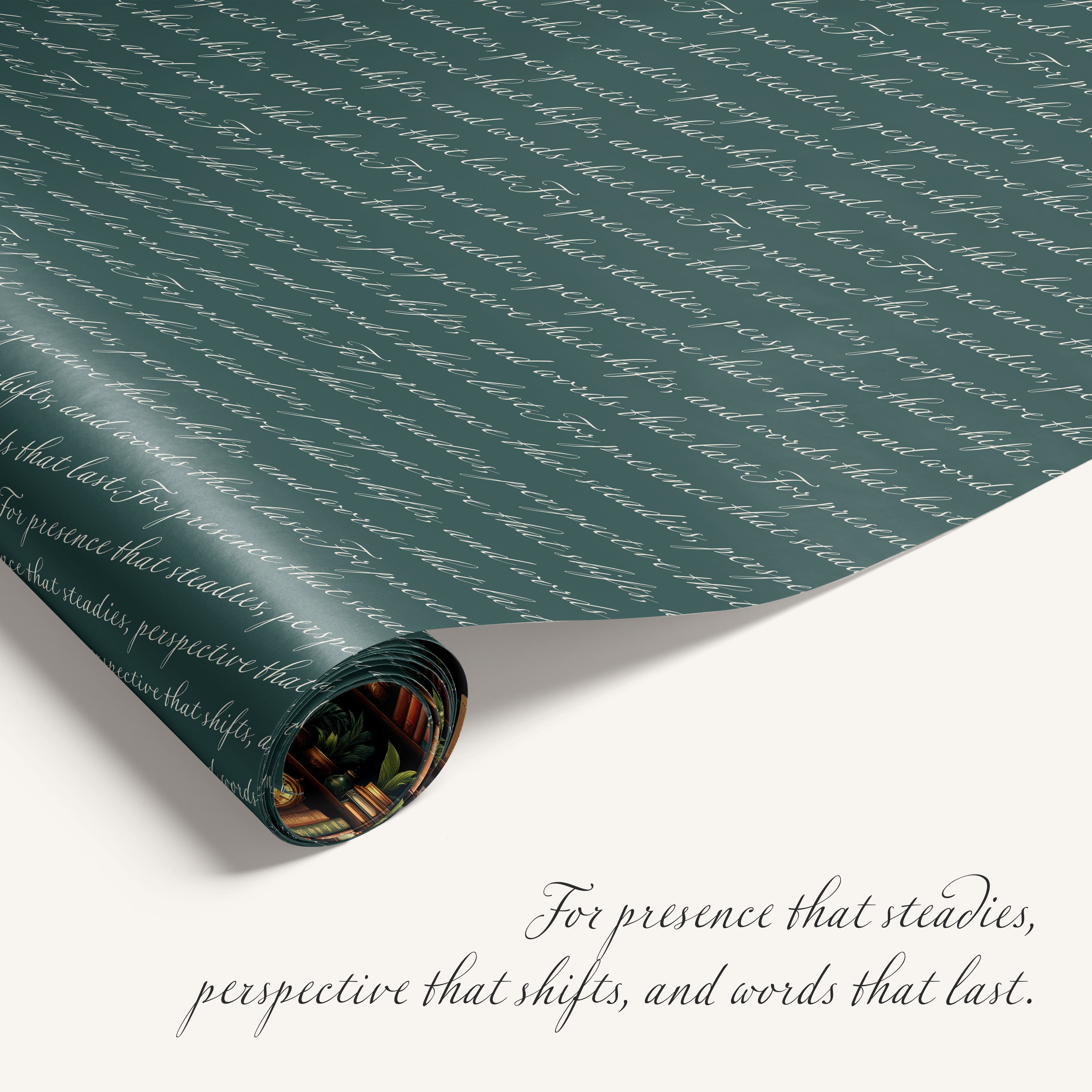“Secret Library” double-sided wrapping paper featuring illustrated bookshelf design on one side and inspiring text on reverse.