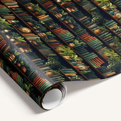 “Secret Library” wrapping paper featuring detailed illustrated bookshelf design.