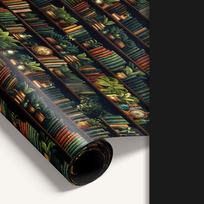 “Secret Library” double-sided wrapping paper featuring illustrated bookshelf design on one side and solid dark green reverse.