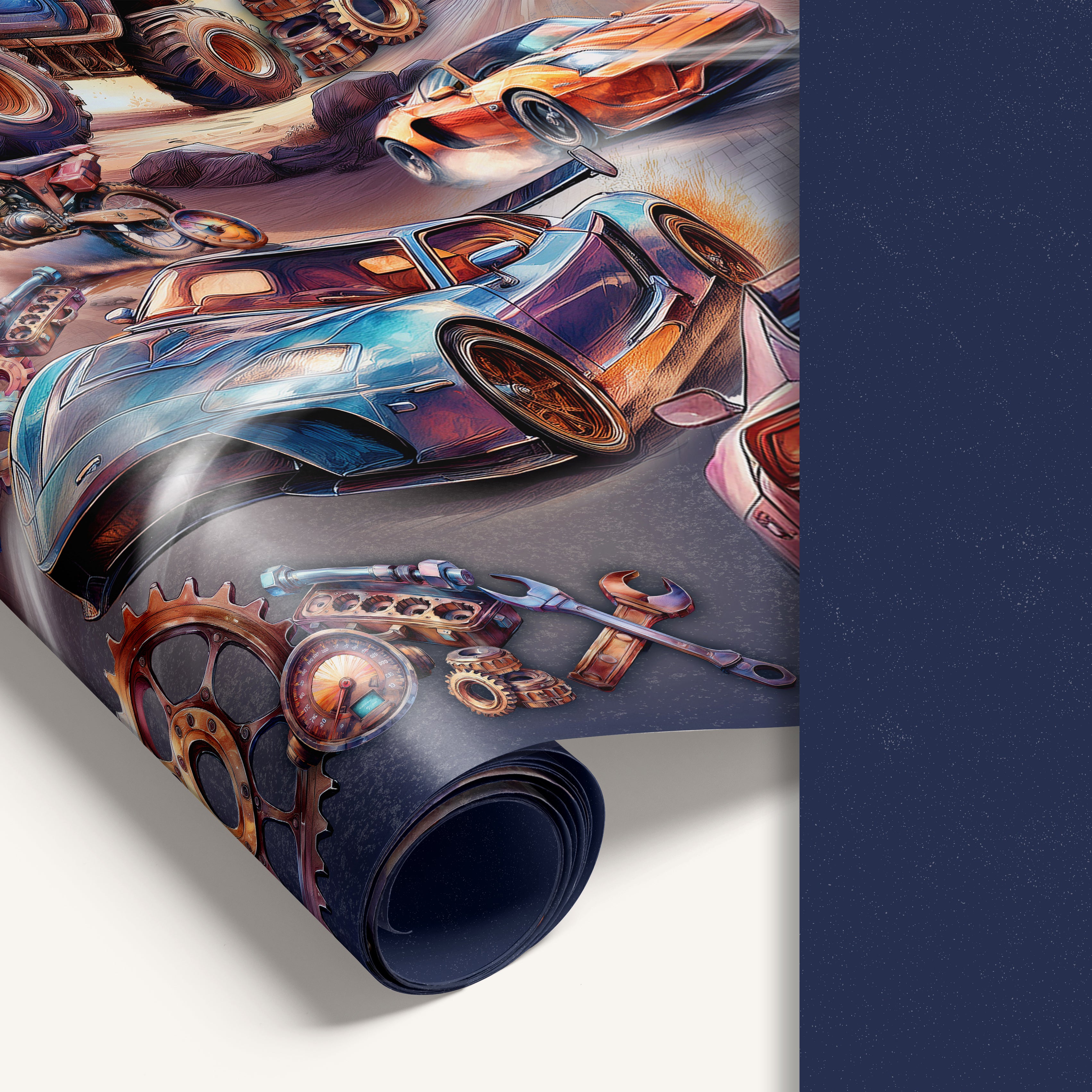 Roll of wrapping paper with a car and gear design on a dark blue background