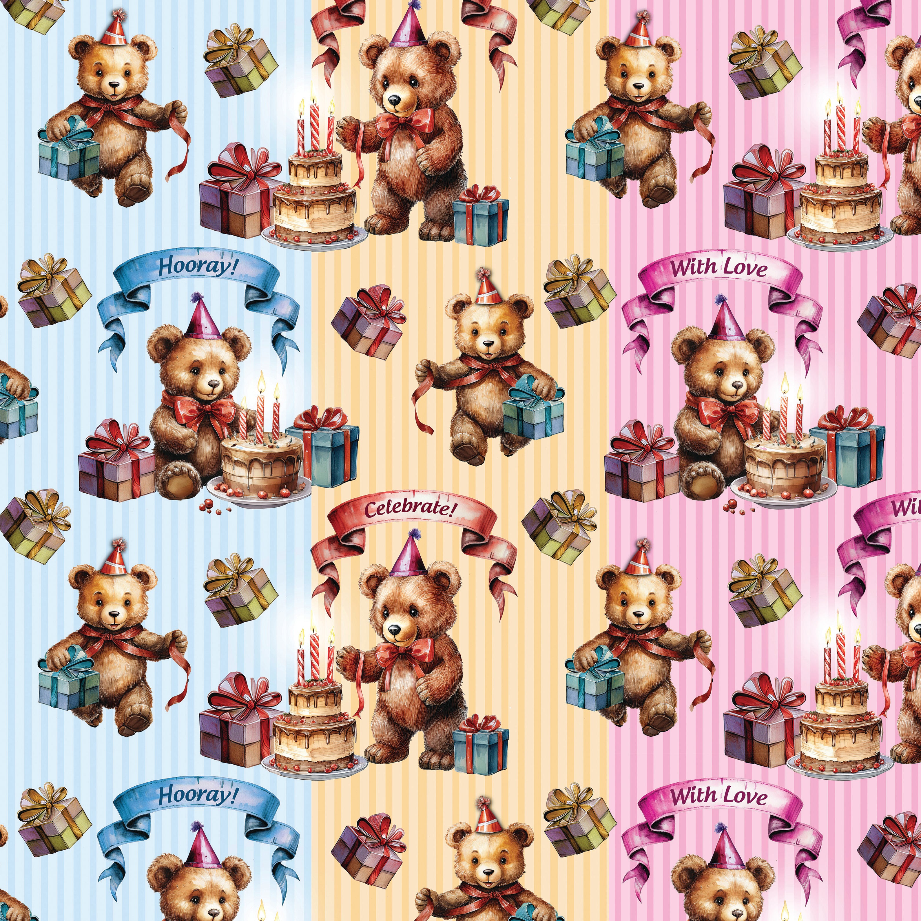 Close up of teddy bear wrapping paper colors - blue, yellow, pink