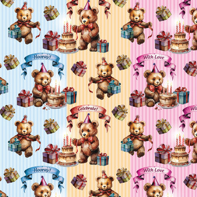 Close up of teddy bear wrapping paper colors - blue, yellow, pink
