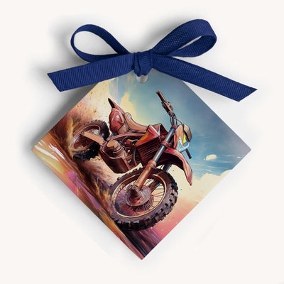 Name card with a motorcycle design and a blue ribbon on a white background