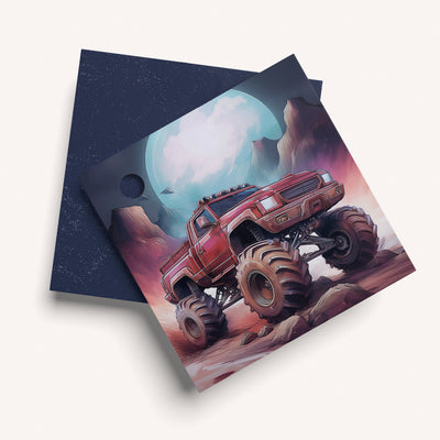 Monster truck design on a name card for boys gift