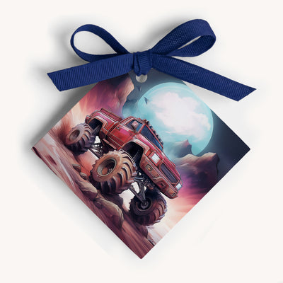 Name card with a monster truck design and a blue ribbon on a white background