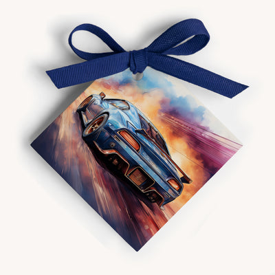 Name card with a blue sports car illustration and a blue ribbon on a white background