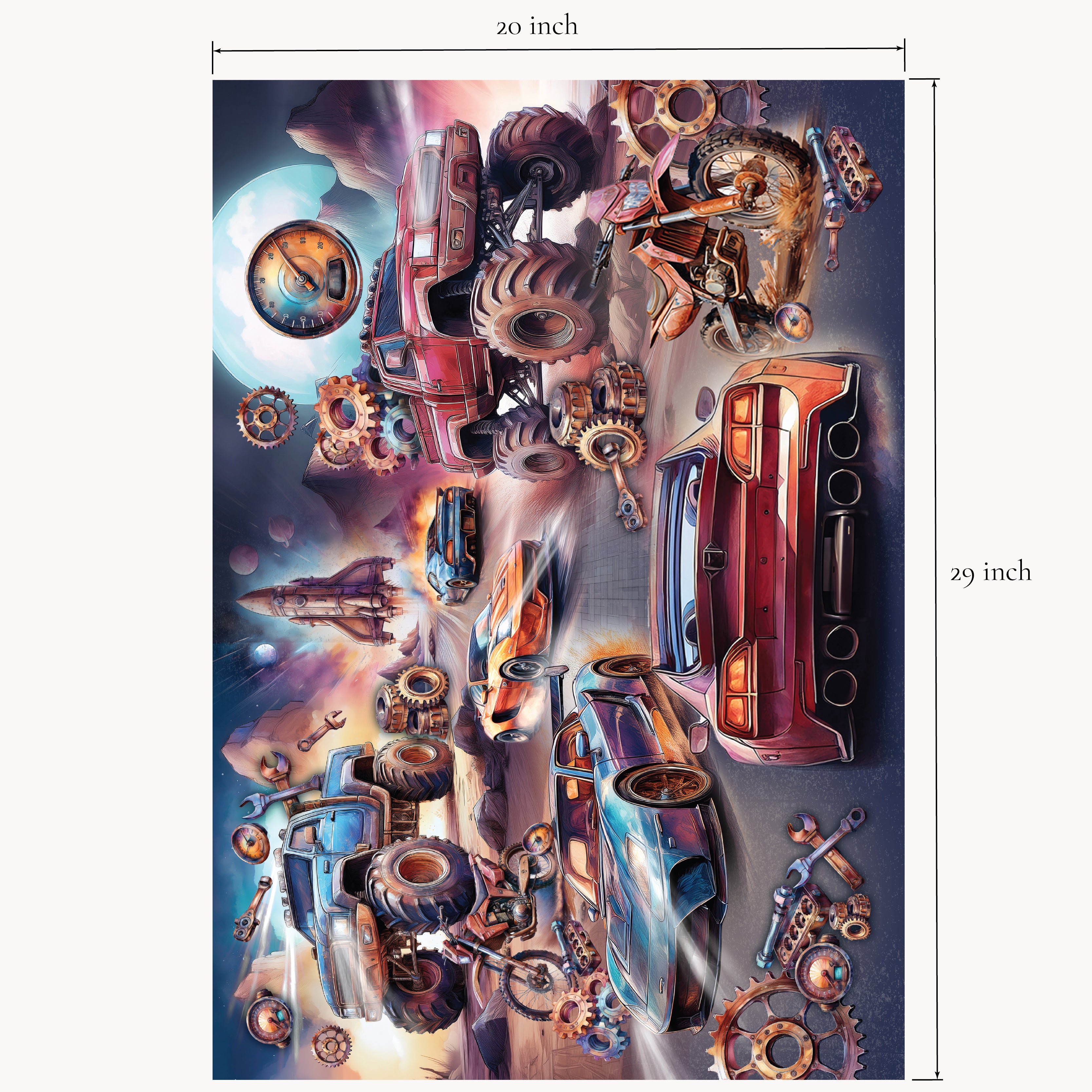 car wrapping paper with mechanical elements and dimensions indicated