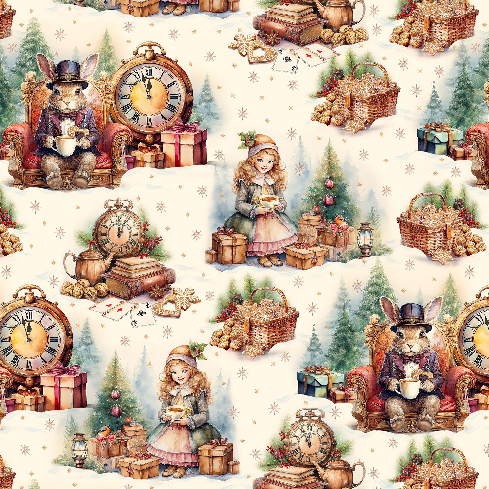 “Twelve Strikes of Magic” holiday wrapping paper featuring vintage illustrations of a rabbit, girl, clocks, and festive winter scene in warm pastel tones.