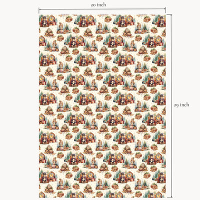 “Twelve Strikes of Magic” holiday wrapping paper sheet shown flat with printed measurements, featuring illustrated rabbit, girl, clocks, and festive winter scene.