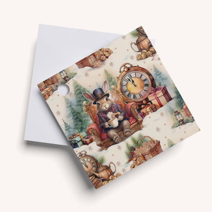 Name tag with a rabbit in a top hat and coat sitting next to a clock and presents.