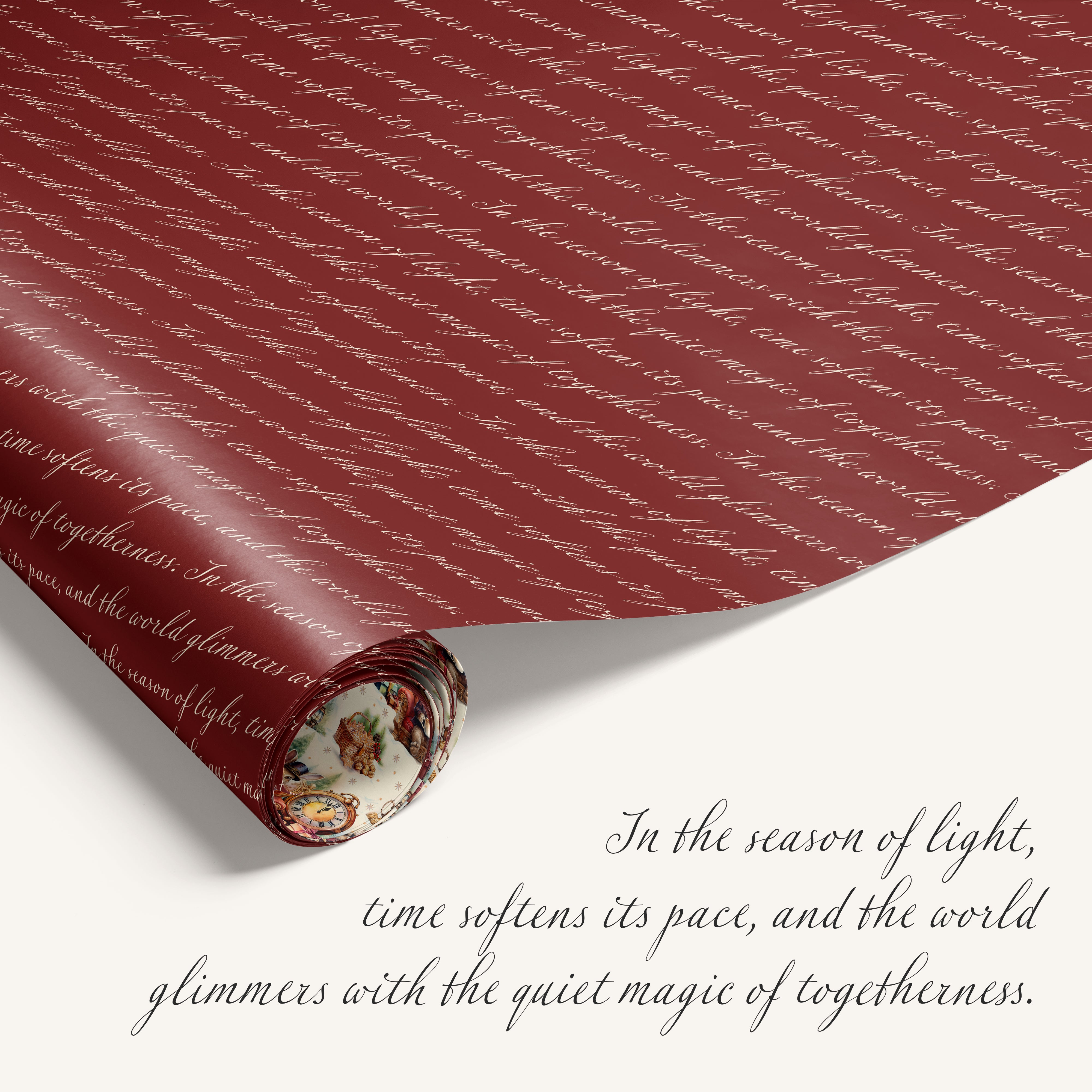 “Twelve Strikes of Magic” double-sided holiday wrapping paper featuring vintage Christmas illustrations on one side and festive holiday text on red background reverse side.