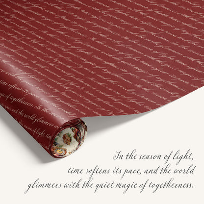 “Twelve Strikes of Magic” double-sided holiday wrapping paper featuring vintage Christmas illustrations on one side and festive holiday text on red background reverse side.