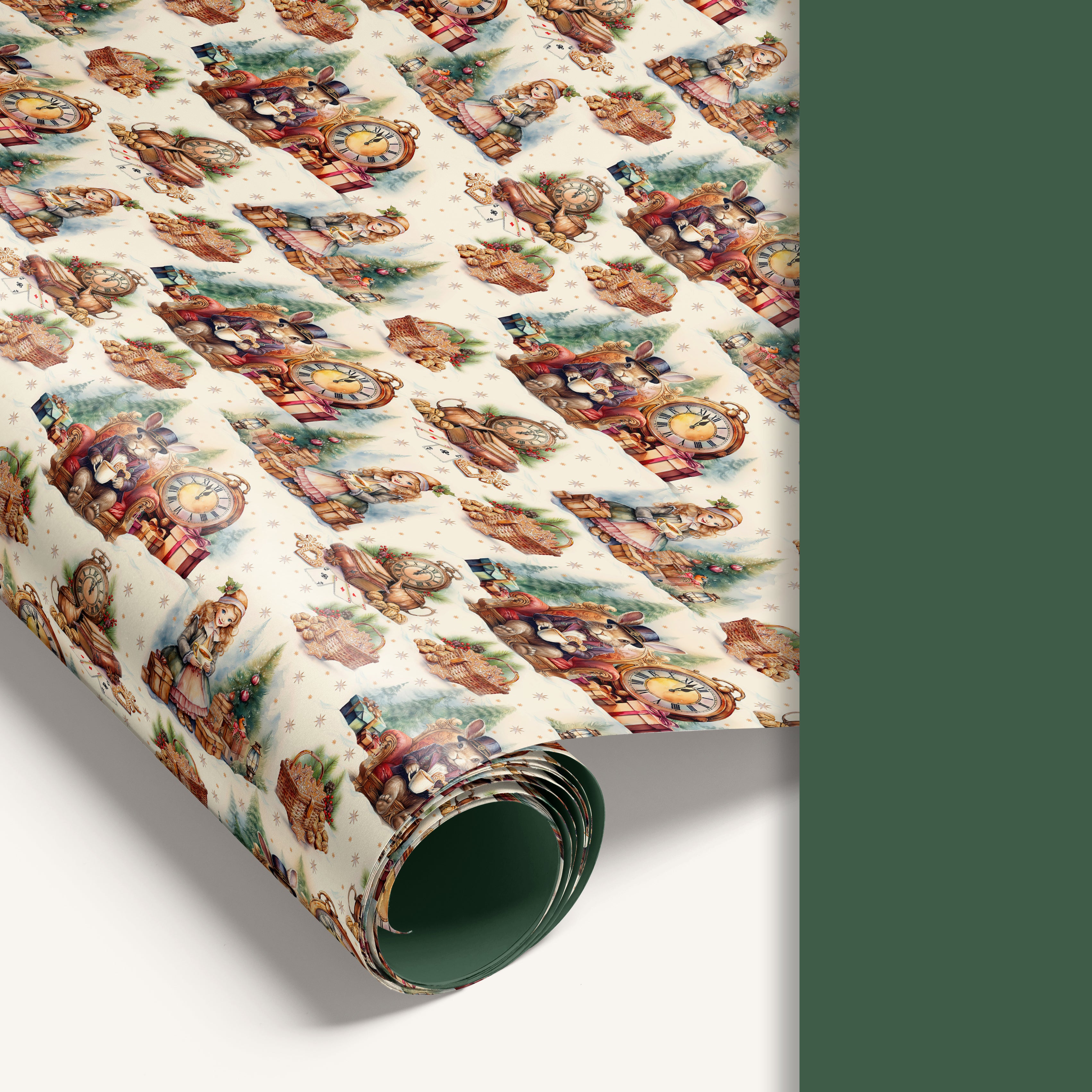 “Twelve Strikes of Magic” double-sided holiday wrapping paper featuring vintage illustrated Christmas scene on one side and solid forest green reverse.
