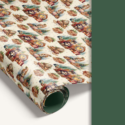 “Twelve Strikes of Magic” double-sided holiday wrapping paper featuring vintage illustrated Christmas scene on one side and solid forest green reverse.