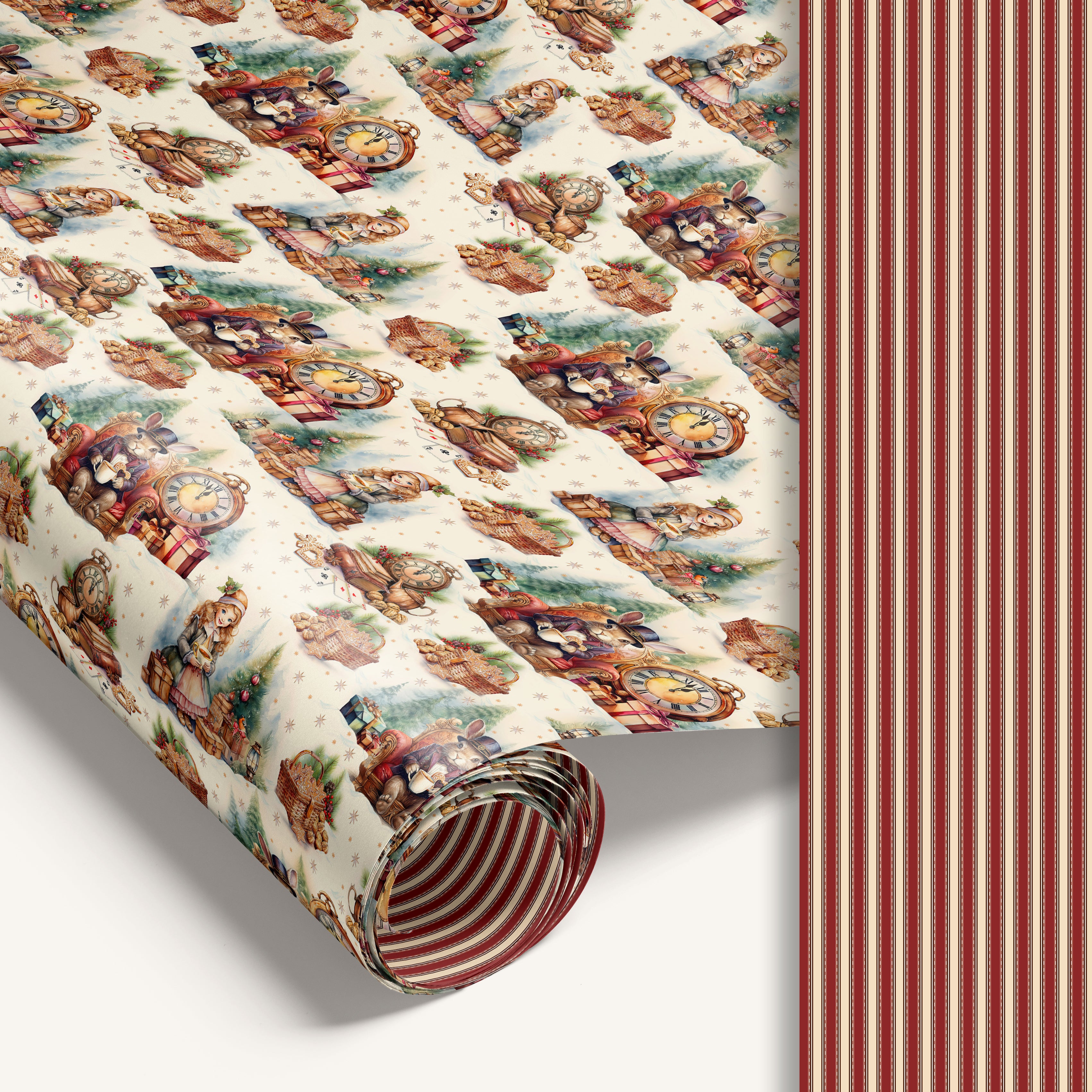 “Twelve Strikes of Magic” double-sided holiday wrapping paper featuring illustrated winter scene on one side and vintage red stripe design on the reverse.